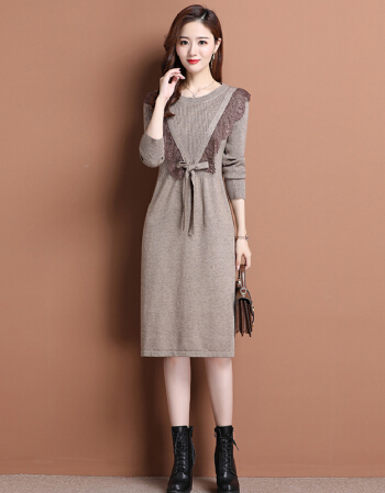 诗绪紫色长袖连衣裙女中长款收腰气质百褶裙子